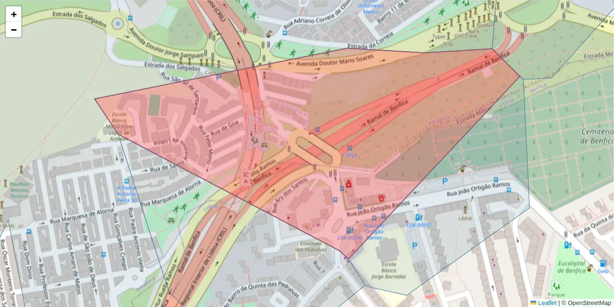 Mapa detalhado do código postal 1500-597 com limites, códigos postais vizinhos e agências dos correios