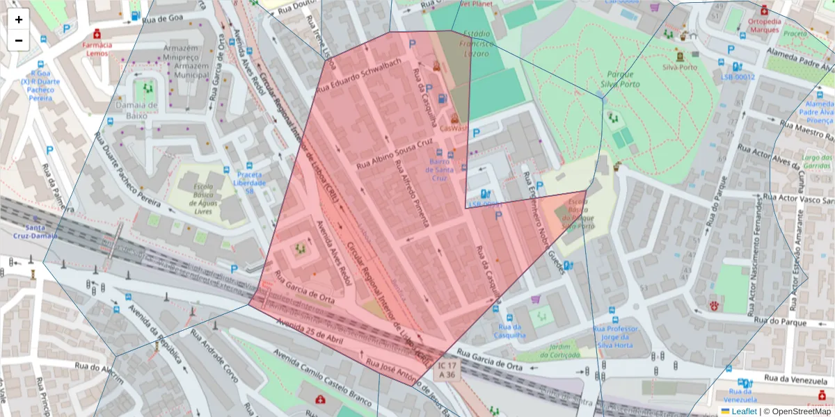 Mapa detalhado do código postal 1500-599 com limites, códigos postais vizinhos e agências dos correios