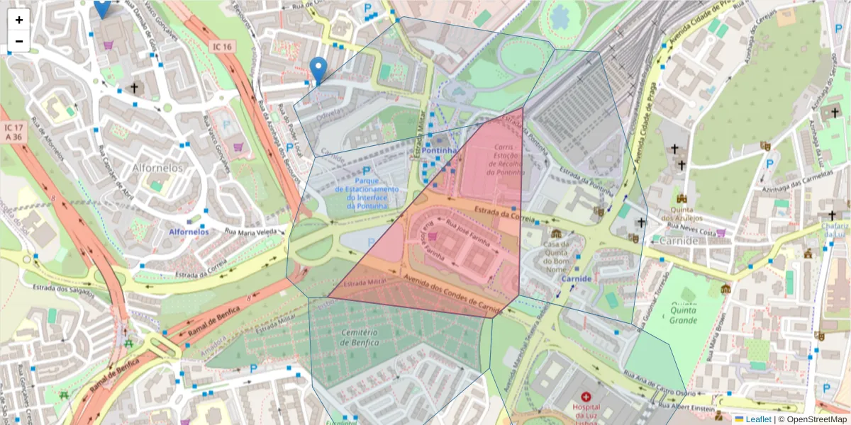 Mapa detalhado do código postal 1500-700 com limites, códigos postais vizinhos e agências dos correios