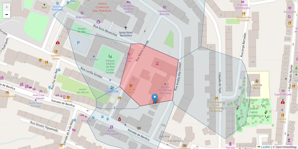 Mapa detalhado do código postal 1500437 com limites, códigos postais vizinhos e agências dos correios