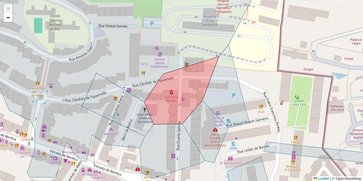 Mapa detalhado do código postal 1549-005 com limites, códigos postais vizinhos e agências dos correios
