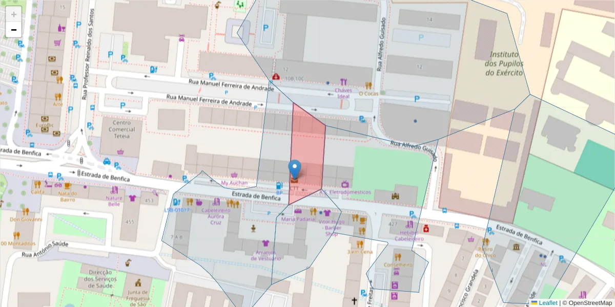 Mapa detalhado do código postal 1549-999 com limites, códigos postais vizinhos e agências dos correios