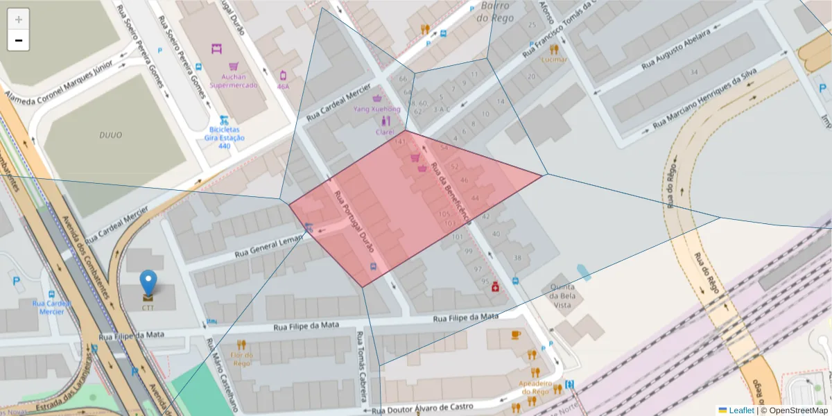 Mapa detalhado do código postal 1600-018 com limites, códigos postais vizinhos e agências dos correios