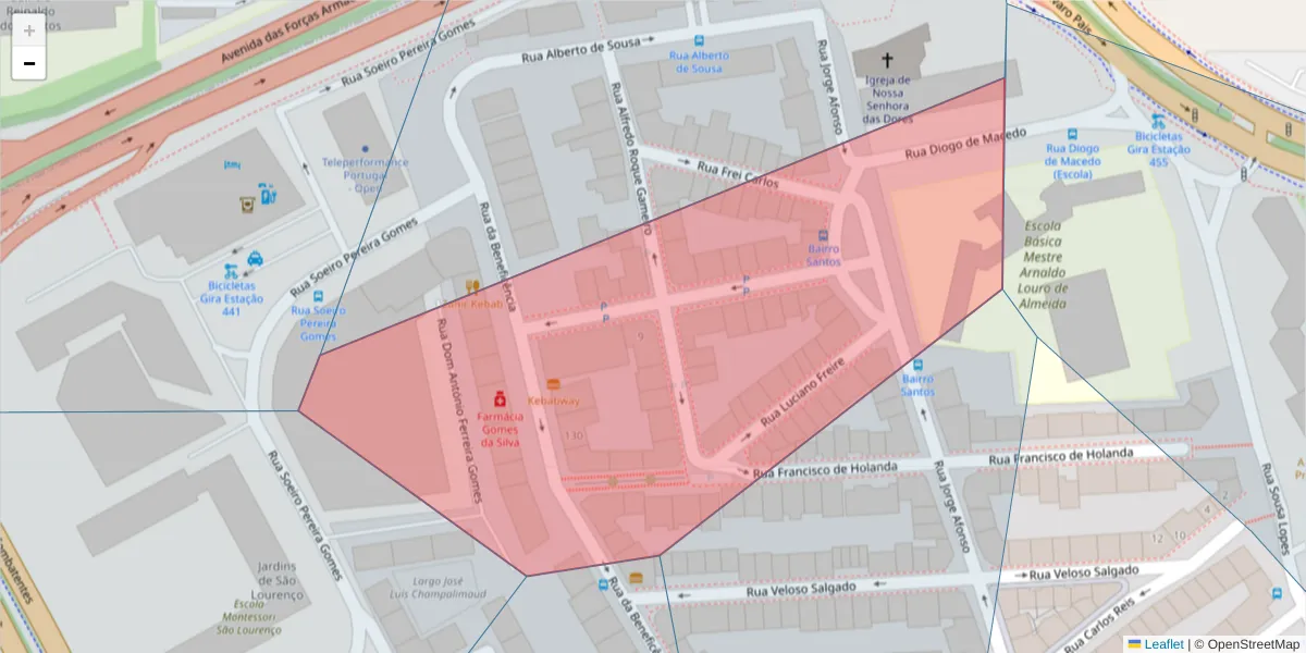 Mapa detalhado do código postal 1600-019 com limites, códigos postais vizinhos e agências dos correios