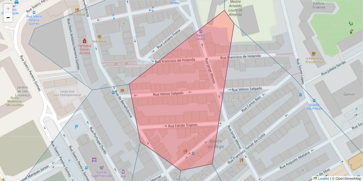Mapa detalhado do código postal 1600-033 com limites, códigos postais vizinhos e agências dos correios