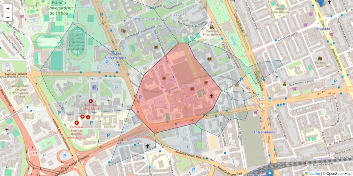Mapa detalhado do código postal 1600-083 com limites, códigos postais vizinhos e agências dos correios