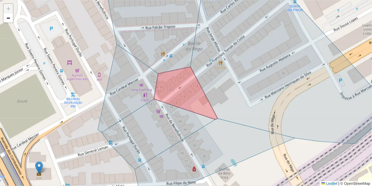Mapa detalhado do código postal 1600-091 Nossa Senhora de Fátima com limites, códigos postais vizinhos e agências dos correios