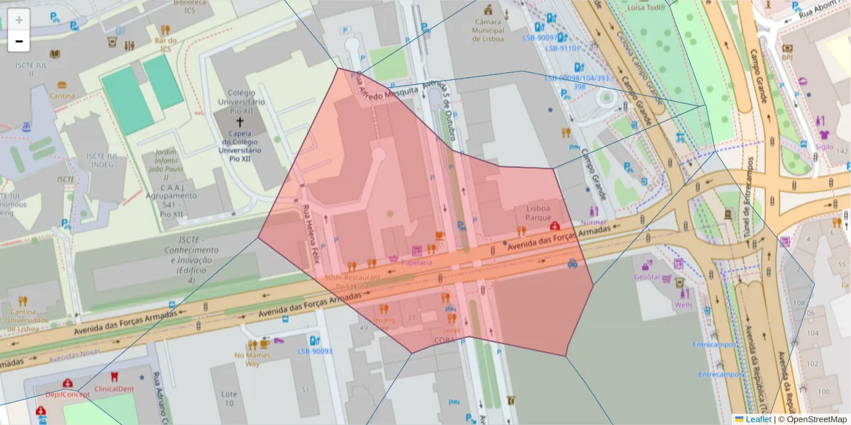 Mapa detalhado do código postal 1600-121 com limites, códigos postais vizinhos e agências dos correios