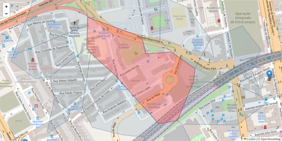 Mapa detalhado do código postal 1600-131 com limites, códigos postais vizinhos e agências dos correios