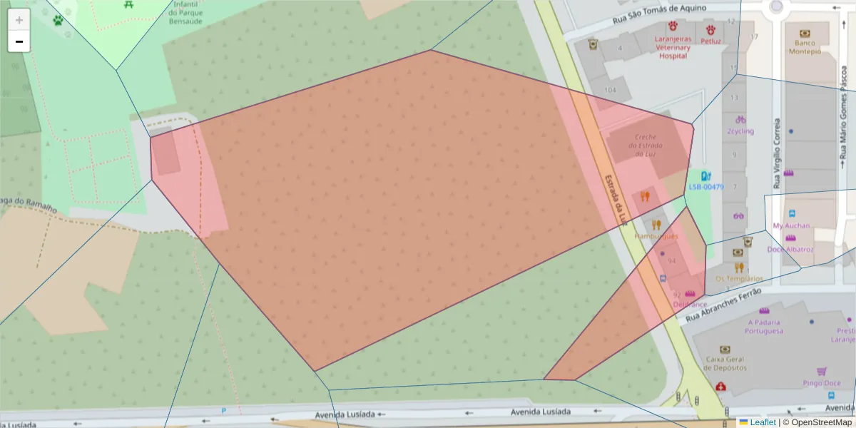 Mapa detalhado do código postal 1600-141 com limites, códigos postais vizinhos e agências dos correios