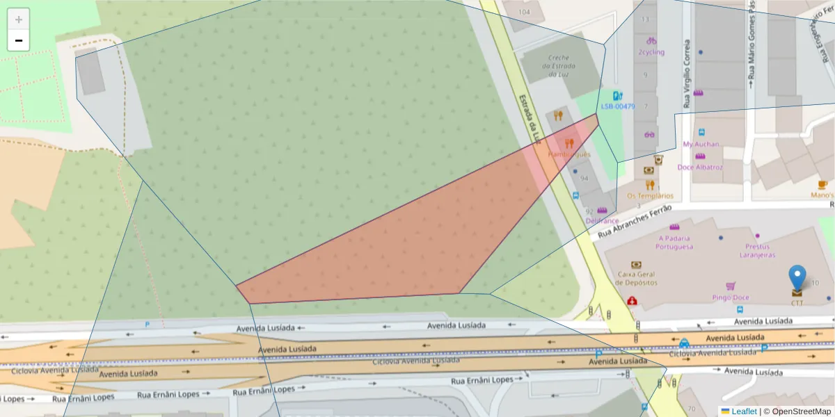 Mapa detalhado do código postal 1600-161 com limites, códigos postais vizinhos e agências dos correios