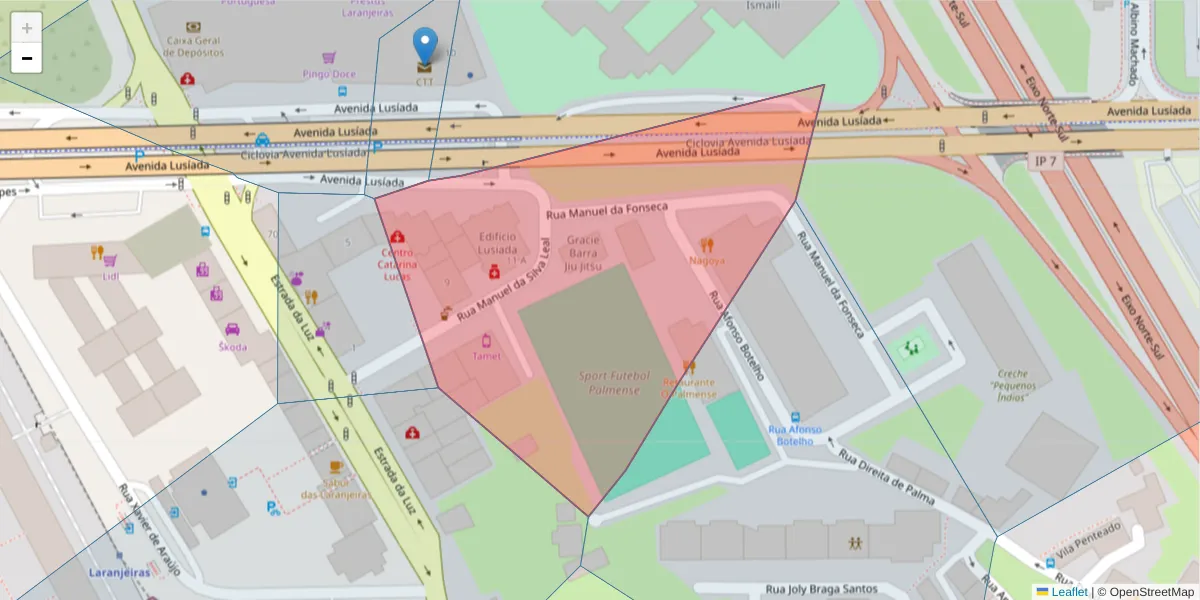 Mapa detalhado do código postal 1600-166 São Domingos de Benfica com limites, códigos postais vizinhos e agências dos correios