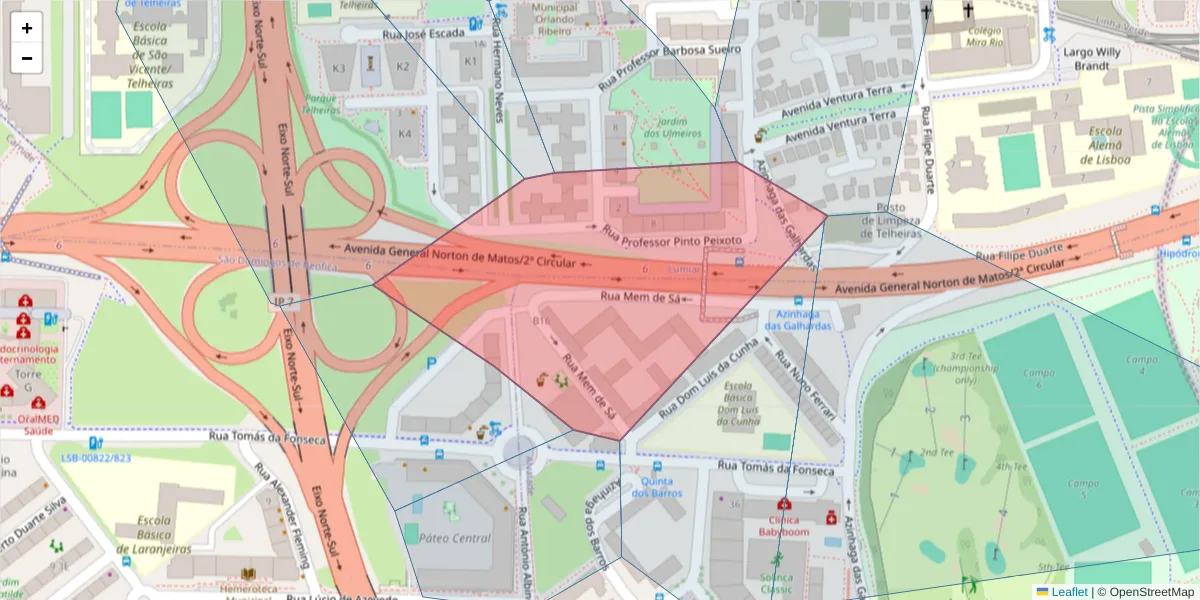 Mapa detalhado do código postal 1600-168 com limites, códigos postais vizinhos e agências dos correios