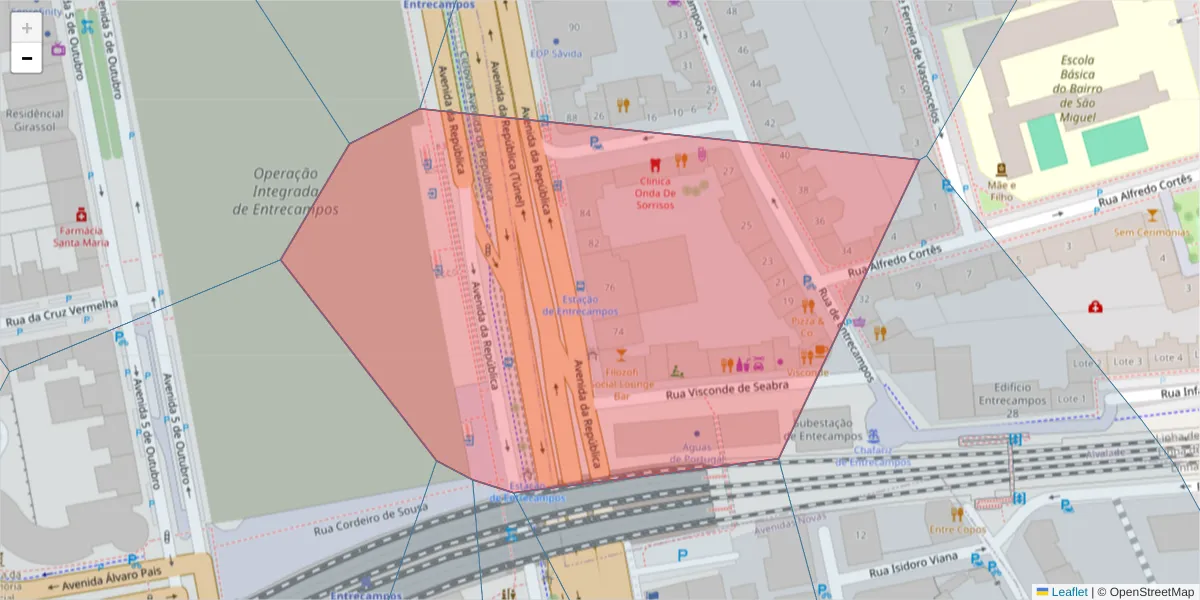 Mapa detalhado do código postal 1600-205 com limites, códigos postais vizinhos e agências dos correios