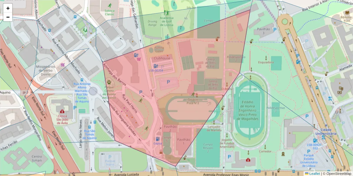 Mapa detalhado do código postal 1600-213 com limites, códigos postais vizinhos e agências dos correios