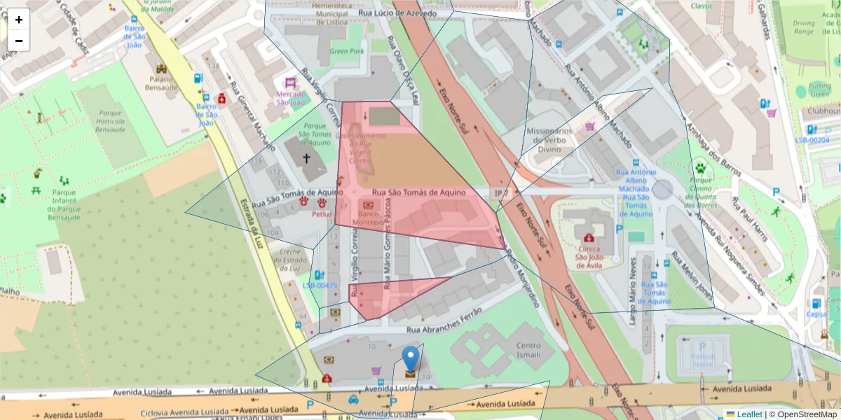 Mapa detalhado do código postal 1600-223 com limites, códigos postais vizinhos e agências dos correios
