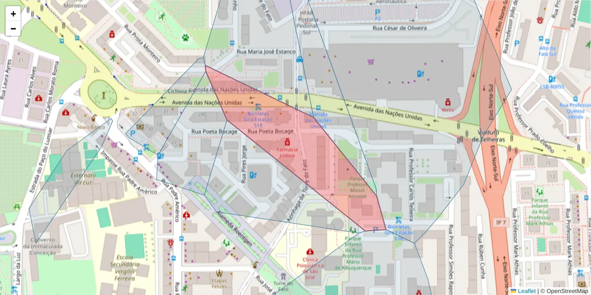 Mapa detalhado do código postal 1600-233 com limites, códigos postais vizinhos e agências dos correios