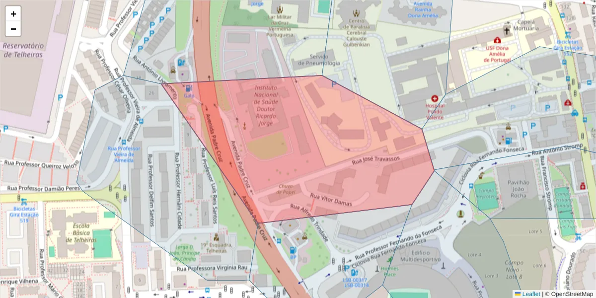 Mapa detalhado do código postal 1600-410 com limites, códigos postais vizinhos e agências dos correios