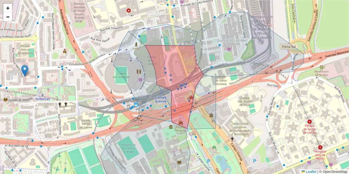 Mapa detalhado do código postal 1600-428 com limites, códigos postais vizinhos e agências dos correios