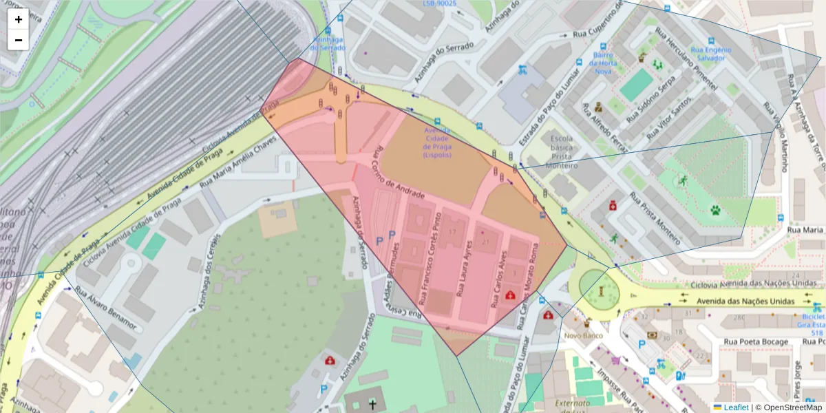 Mapa detalhado do código postal 1600-515 com limites, códigos postais vizinhos e agências dos correios