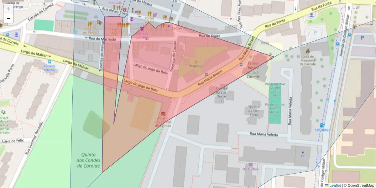 Mapa detalhado do código postal 1600-532 com limites, códigos postais vizinhos e agências dos correios