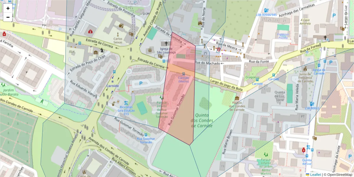 Mapa detalhado do código postal 1600-533 com limites, códigos postais vizinhos e agências dos correios