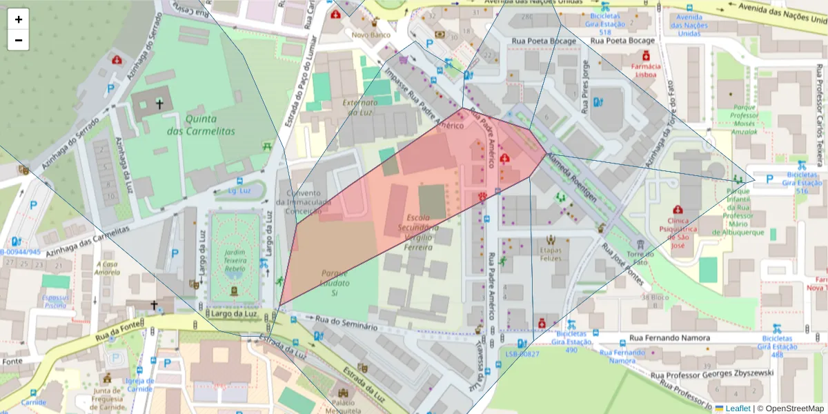Mapa detalhado do código postal 1600-549 com limites, códigos postais vizinhos e agências dos correios