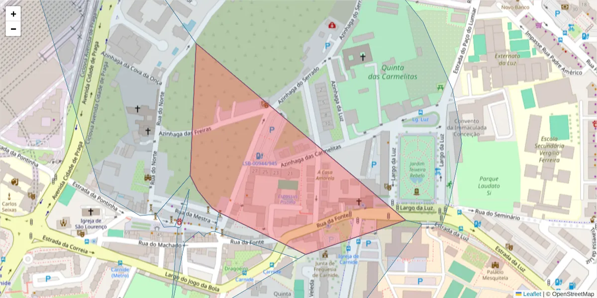 Mapa detalhado do código postal 1600-587 com limites, códigos postais vizinhos e agências dos correios