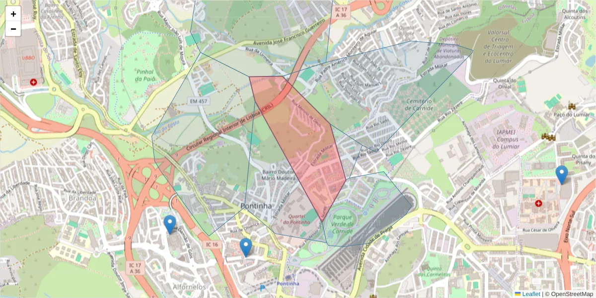 Mapa detalhado do código postal 1600-647 com limites, códigos postais vizinhos e agências dos correios