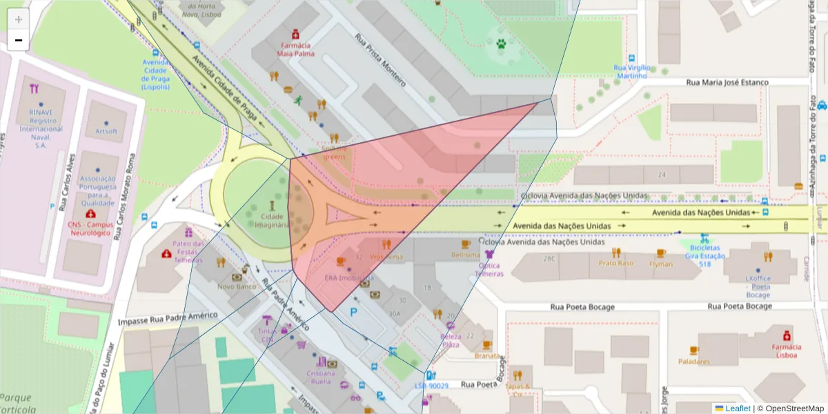 Mapa detalhado do código postal 1600-865 com limites, códigos postais vizinhos e agências dos correios