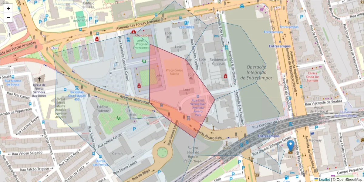 Mapa detalhado do código postal 1600-873 com limites, códigos postais vizinhos e agências dos correios