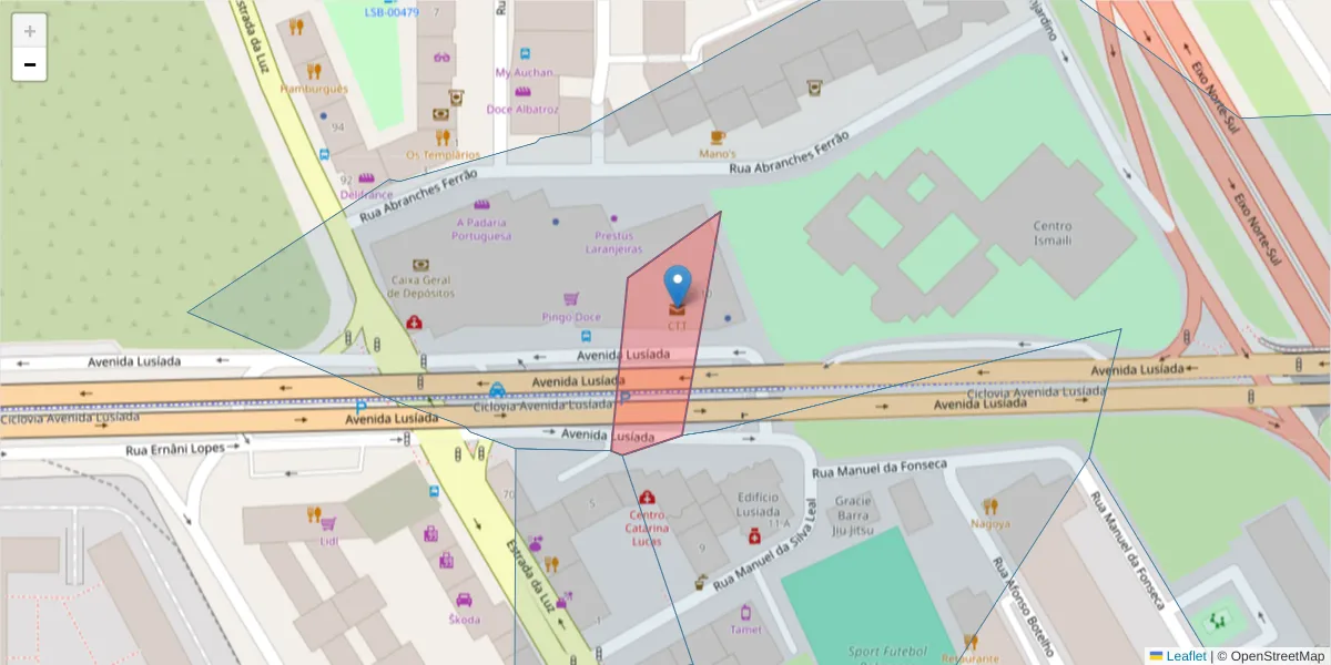 Mapa detalhado do código postal 1600-995 com limites, códigos postais vizinhos e agências dos correios