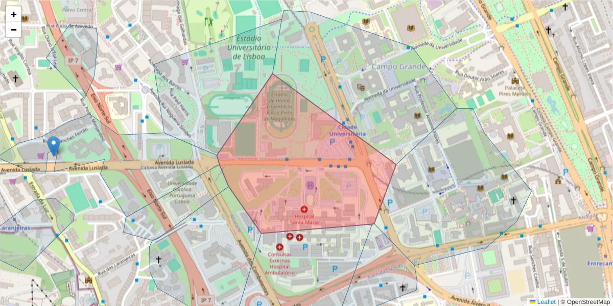 Mapa detalhado do código postal 1649-028 com limites, códigos postais vizinhos e agências dos correios