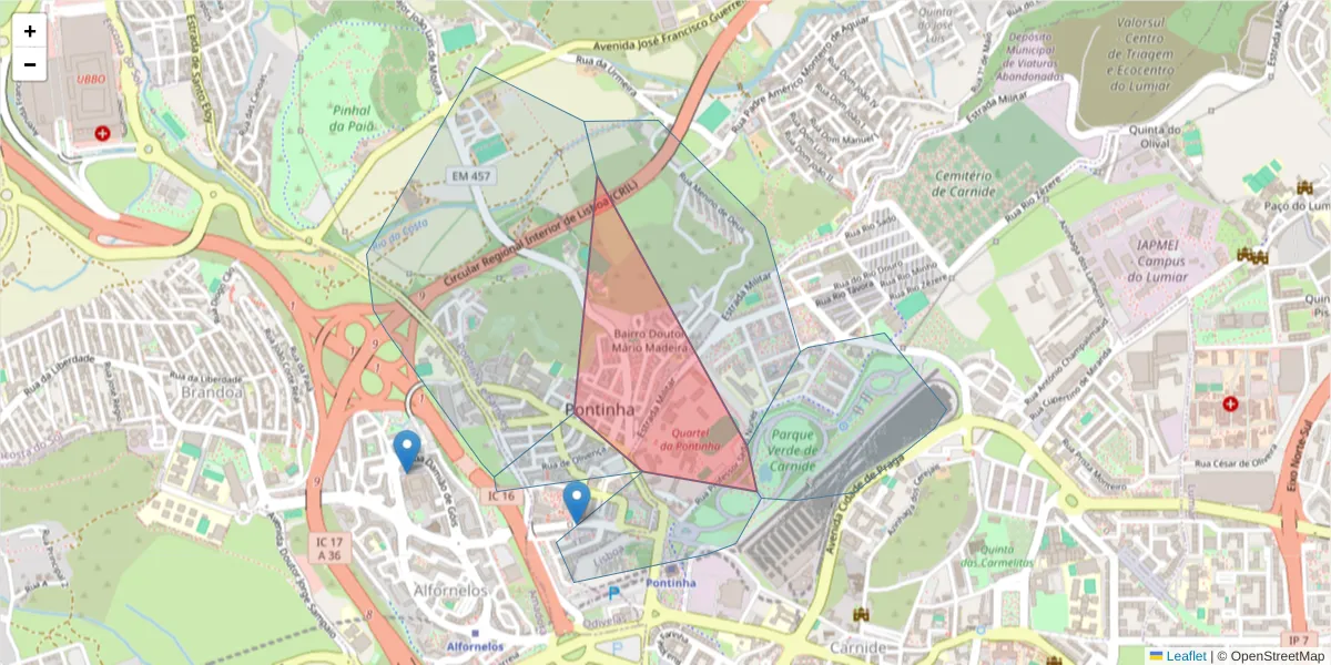 Mapa detalhado do código postal 1675-122 com limites, códigos postais vizinhos e agências dos correios