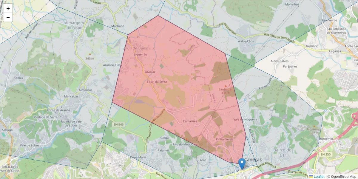 Mapa detalhado do código postal 1685-566 com limites, códigos postais vizinhos e agências dos correios