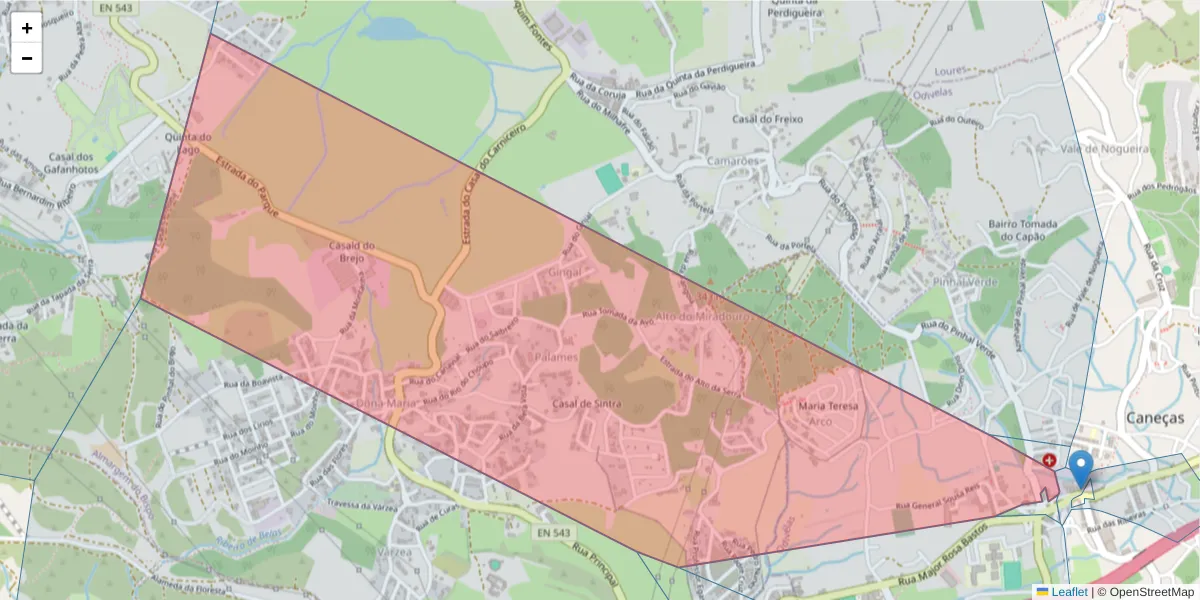 Mapa detalhado do código postal 1685-577 com limites, códigos postais vizinhos e agências dos correios