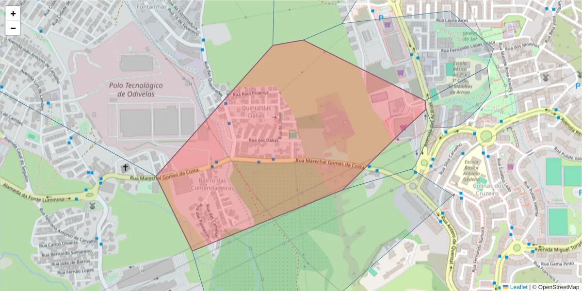 Mapa detalhado do código postal 1685-654 com limites, códigos postais vizinhos e agências dos correios