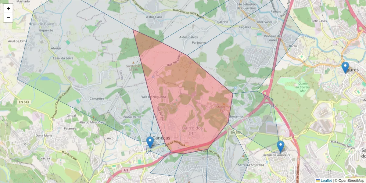 Mapa detalhado do código postal 1685 com limites, códigos postais vizinhos e agências dos correios