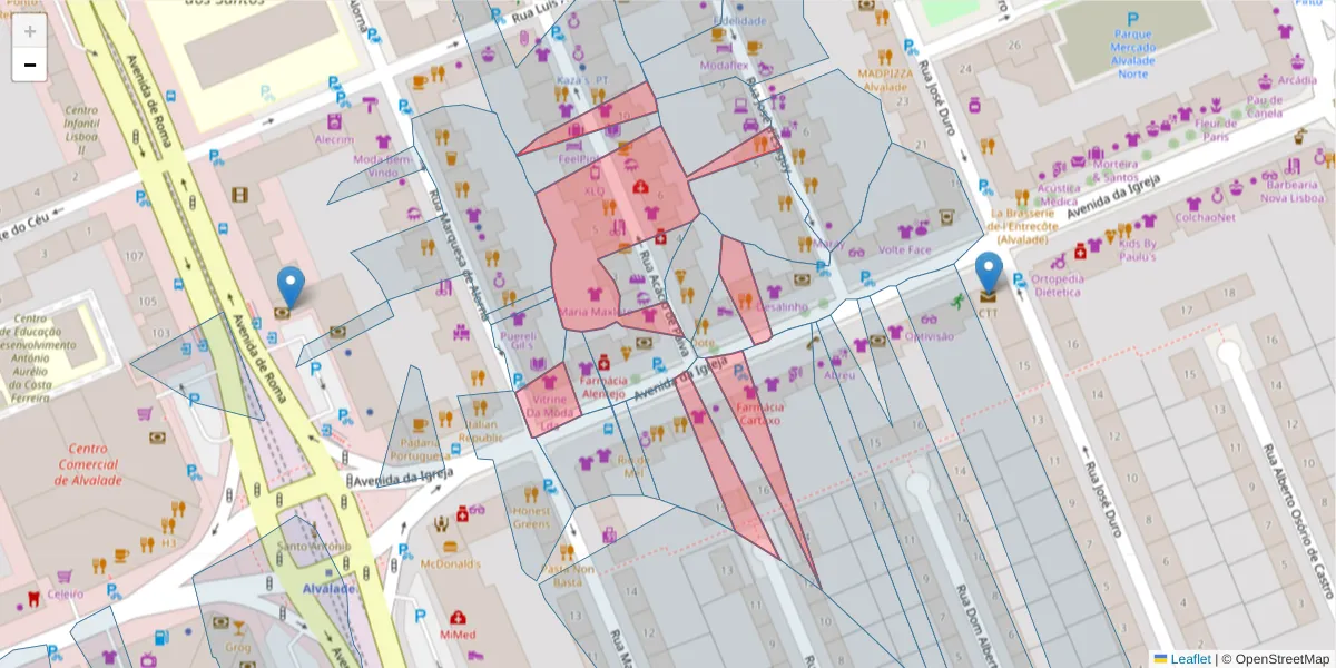 Mapa detalhado do código postal 1700-005 com limites, códigos postais vizinhos e agências dos correios