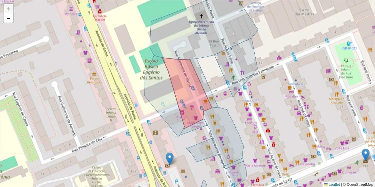 Mapa detalhado do código postal 1700-006 com limites, códigos postais vizinhos e agências dos correios