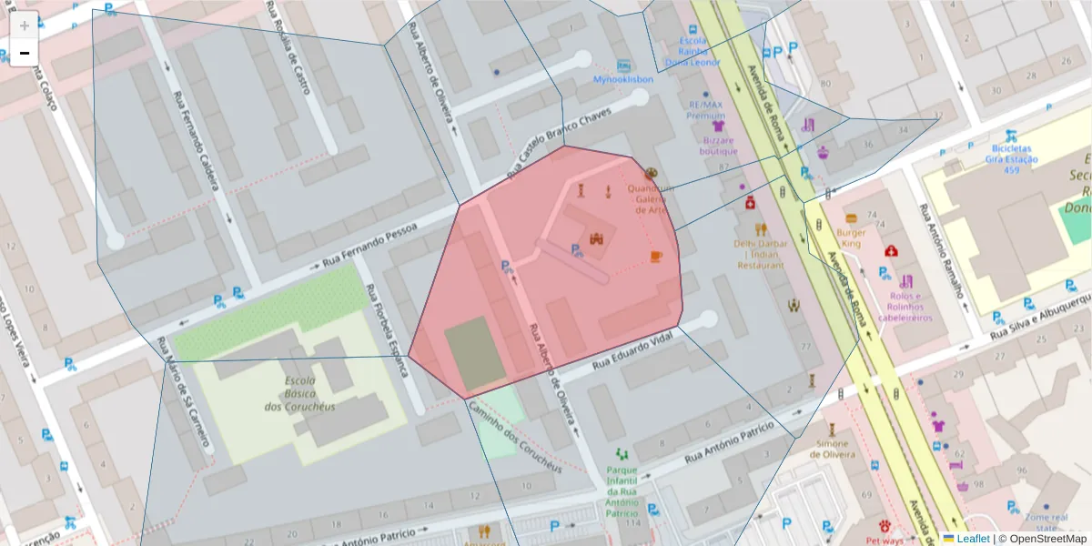 Mapa detalhado do código postal 1700-019 com limites, códigos postais vizinhos e agências dos correios