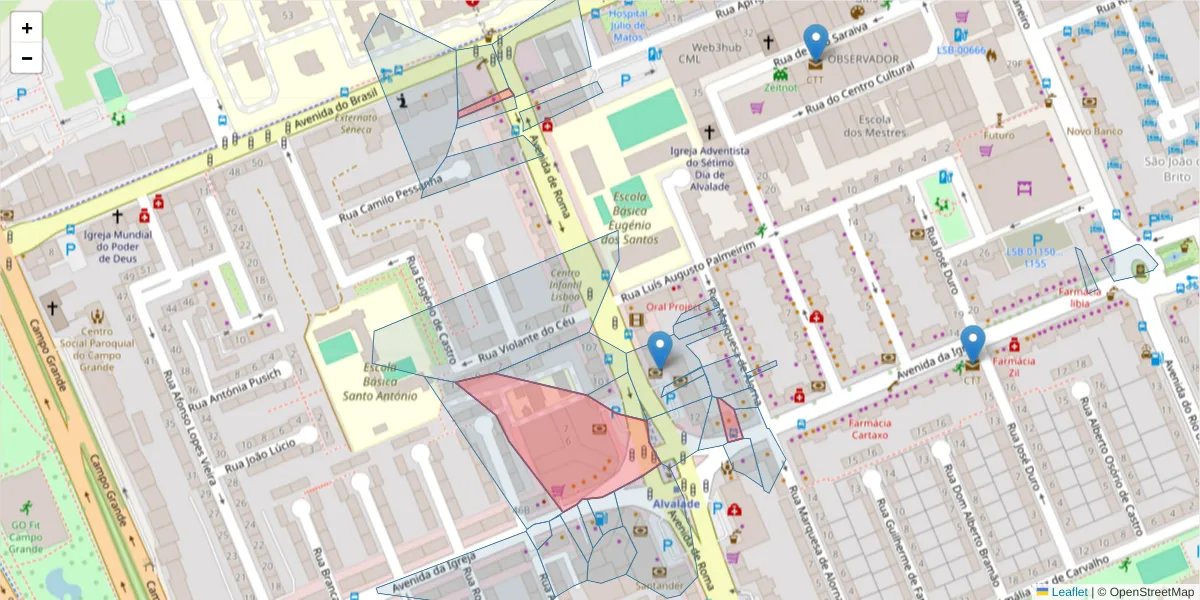 Mapa detalhado do código postal 1700-036 com limites, códigos postais vizinhos e agências dos correios
