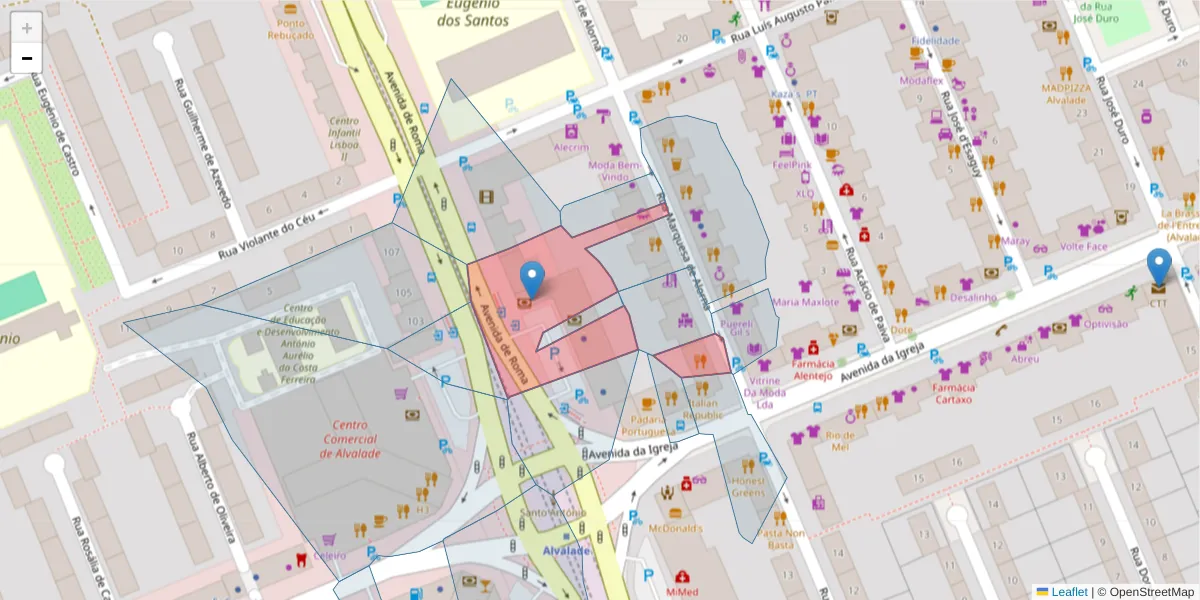 Mapa detalhado do código postal 1700-037 com limites, códigos postais vizinhos e agências dos correios