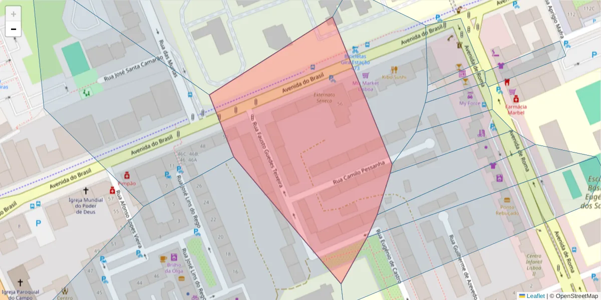 Mapa detalhado do código postal 1700-073 com limites, códigos postais vizinhos e agências dos correios