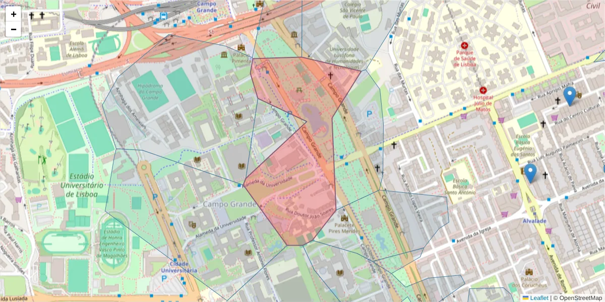 Mapa detalhado do código postal 1700-090 com limites, códigos postais vizinhos e agências dos correios