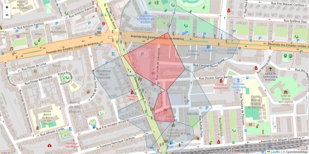 Mapa detalhado do código postal 1700-115 com limites, códigos postais vizinhos e agências dos correios