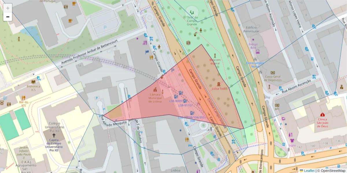 Mapa detalhado do código postal 1700-180 com limites, códigos postais vizinhos e agências dos correios
