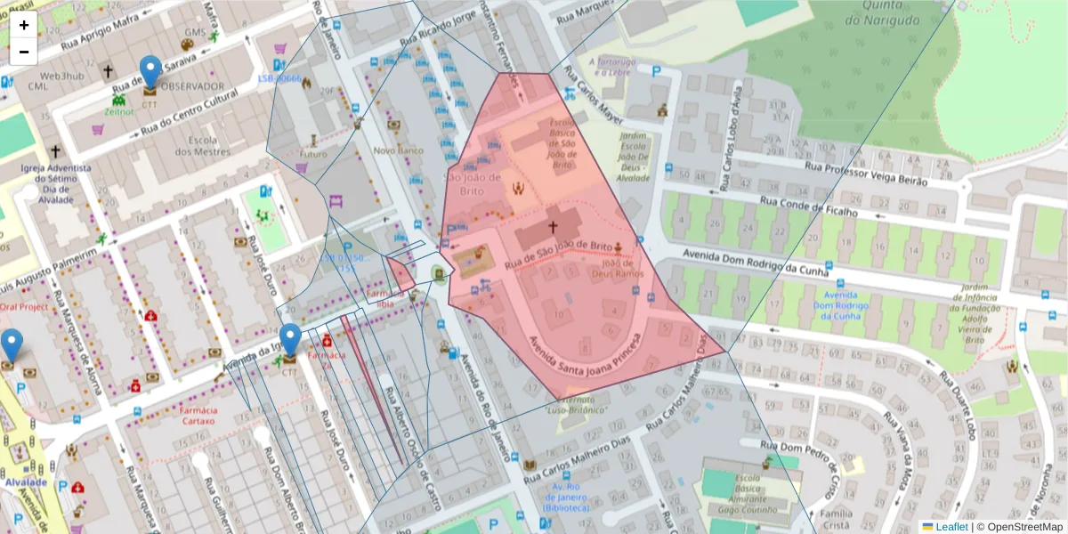 Mapa detalhado do código postal 1700-204 com limites, códigos postais vizinhos e agências dos correios