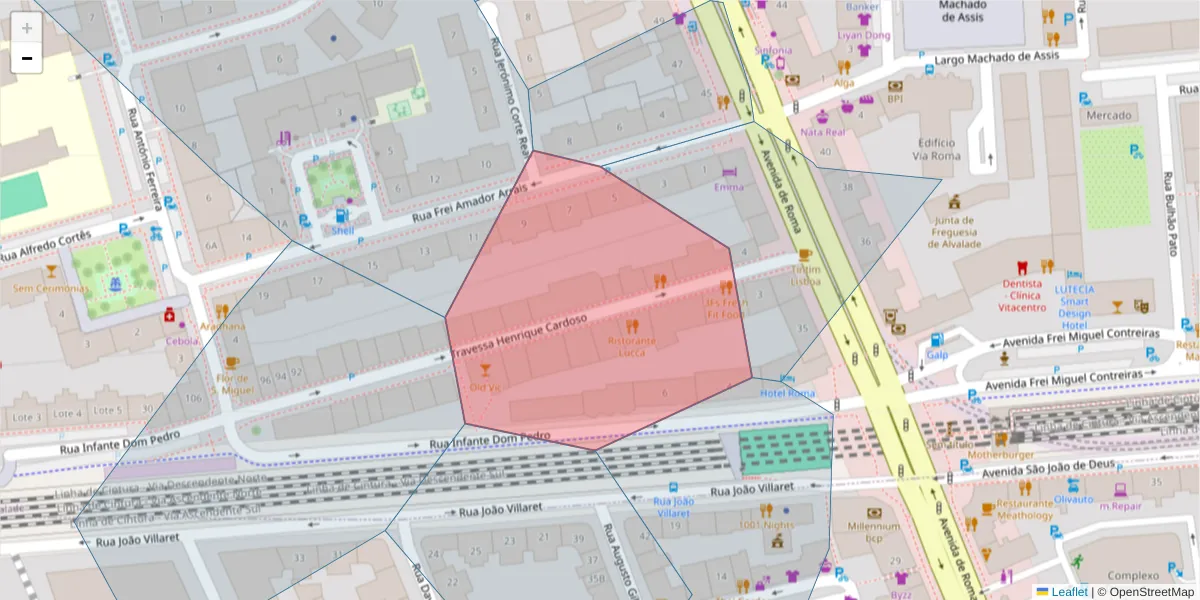 Mapa detalhado do código postal 1700-227 com limites, códigos postais vizinhos e agências dos correios
