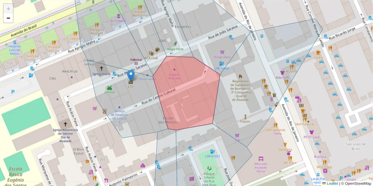 Mapa detalhado do código postal 1700-248 com limites, códigos postais vizinhos e agências dos correios